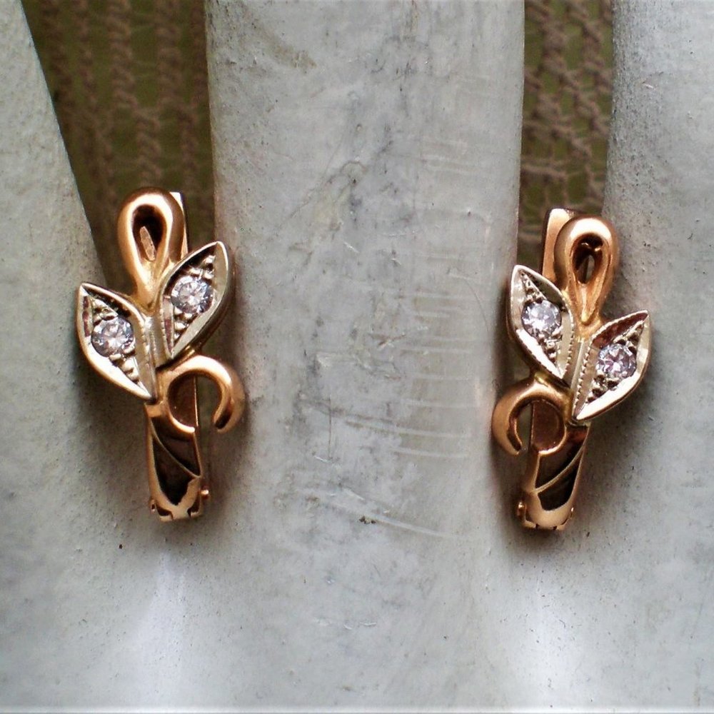 Vintage Russian USSR 14K 585 Rose Pink White Gold CZ Cluster Leaf EARRINGS